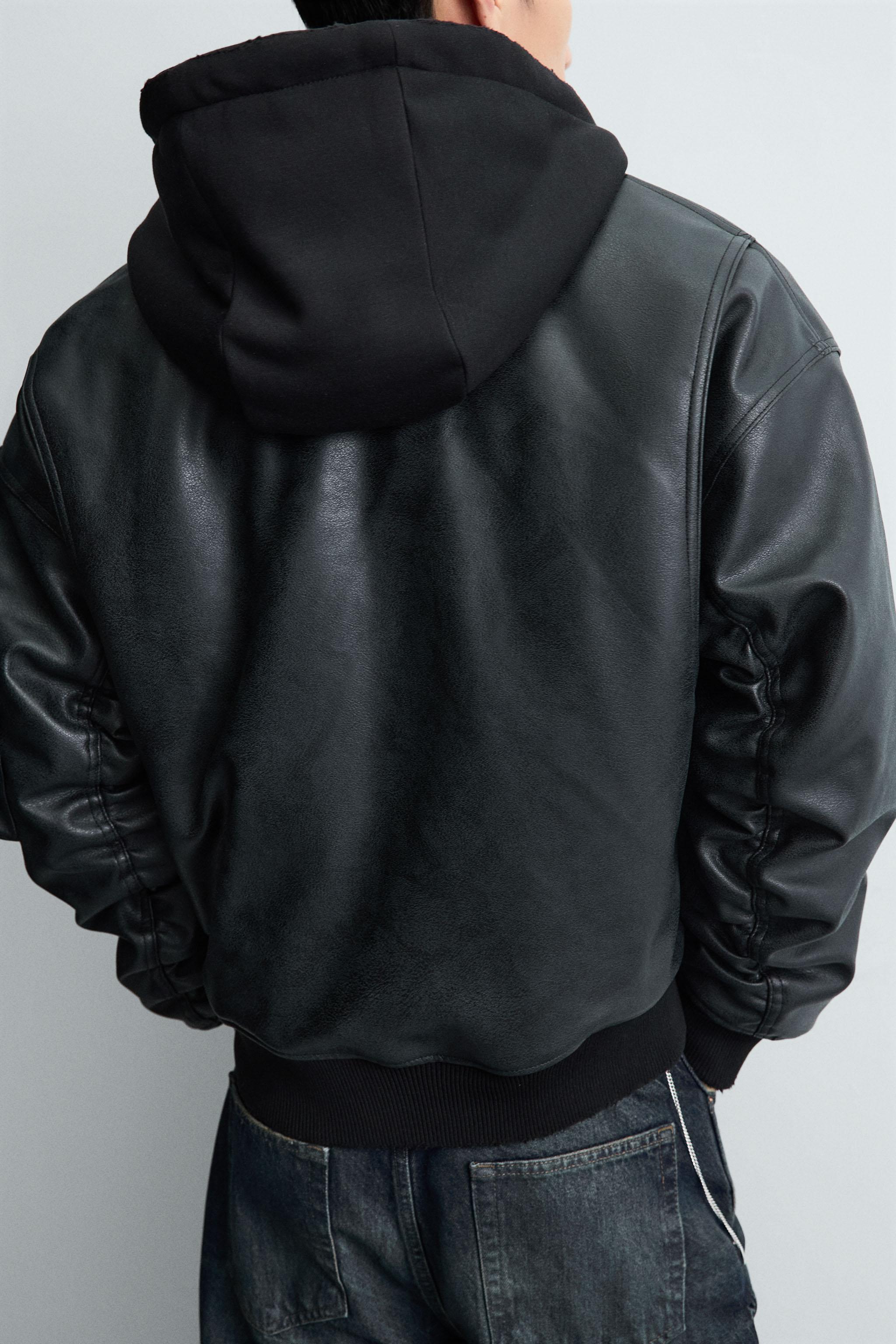 COMBINATION HOODIE FAUX LEATHER JACKET